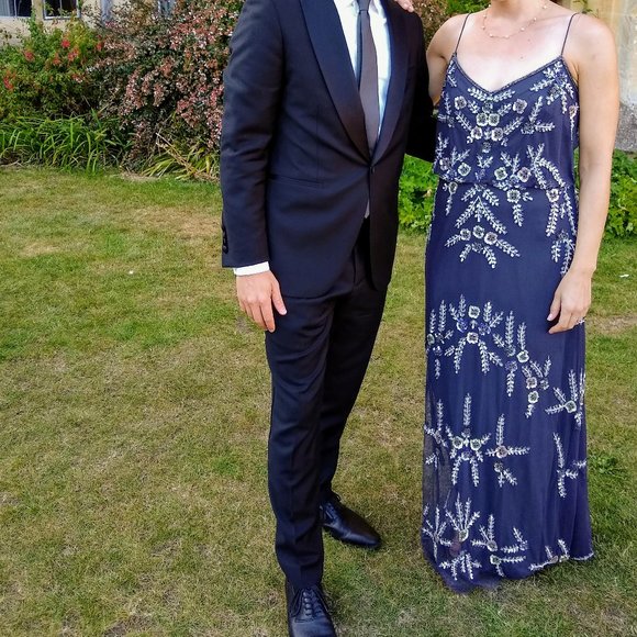 ADRIANNA PAPELL ART DECO BEADED BLOUSON GOWN GREY - Picture 3 of 5